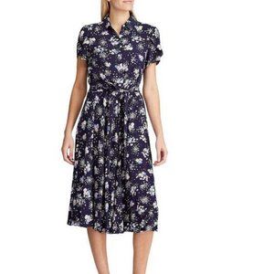 Chaps Ralphn Lauren Shirt Dress L Blue Floral Print Button Down Short Sleeve